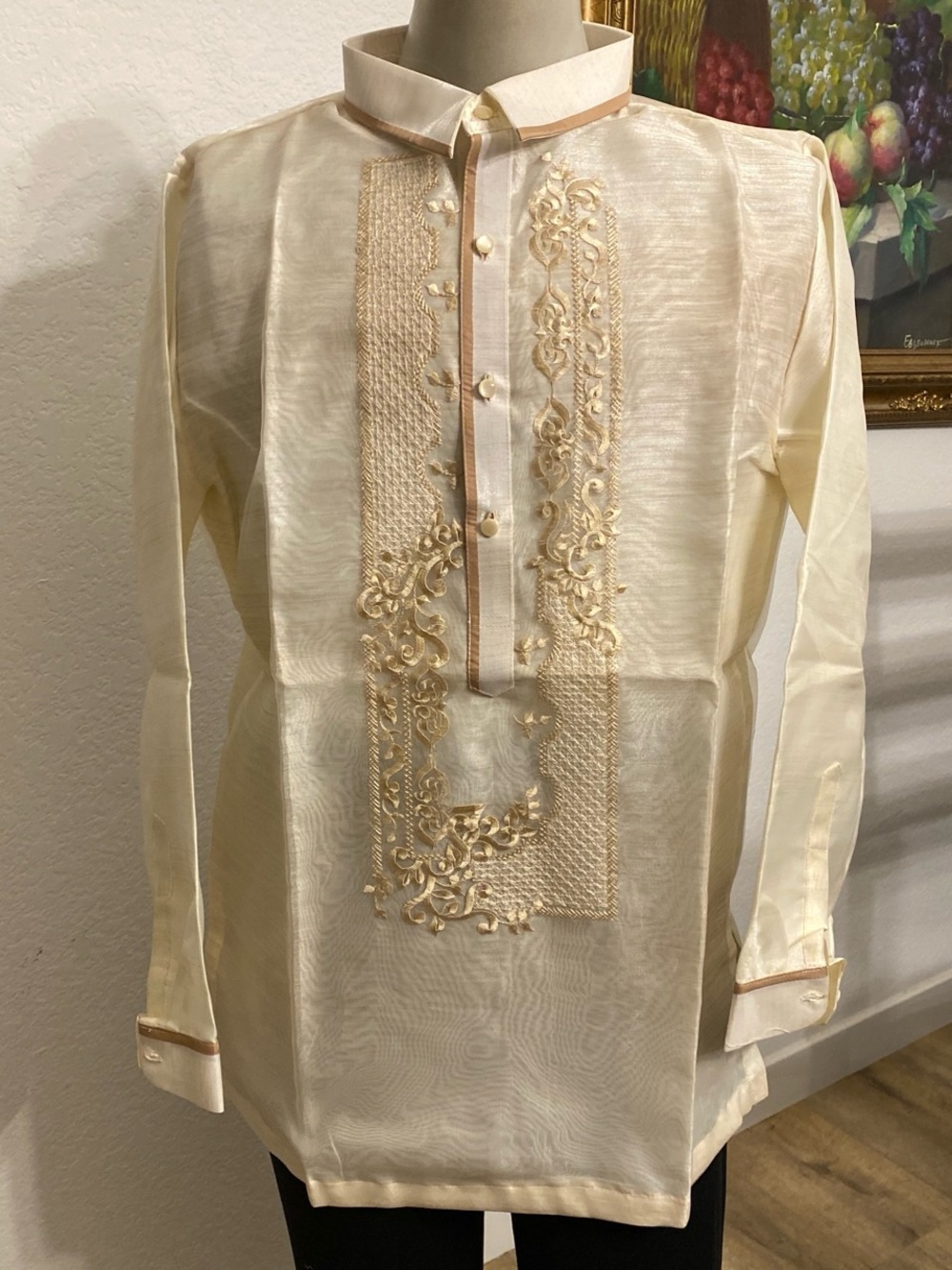 Men's Cream Embroidered Dress Shirt with Mandarin Collar